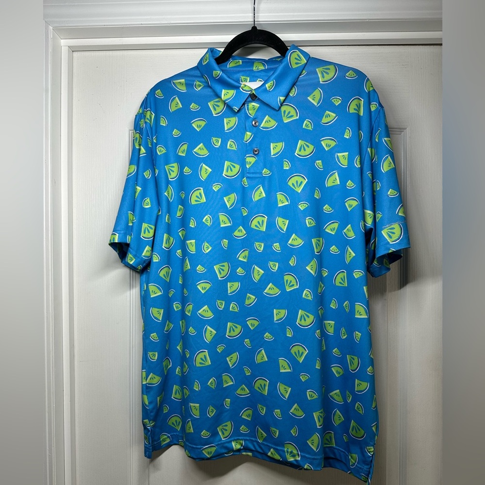 Nicklaus Golf Fruit Wedge Eco Choice Blue and Green Patterned Men's Shirt Size L